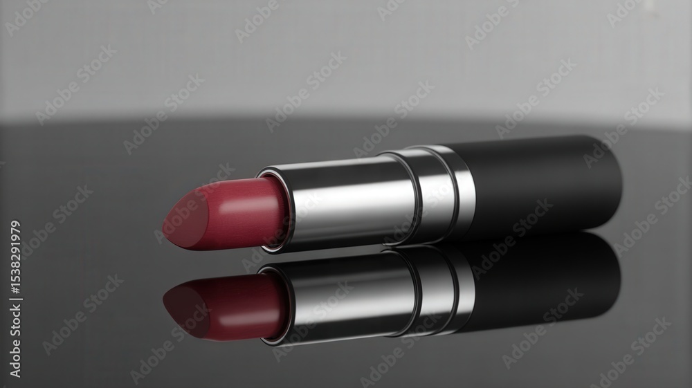 Close up of a red lipstick lying on a reflective surface. Beauty and cosmetics concept. Close up of a red lipstick lying on a reflective surface. Beauty and cosmetics concept.