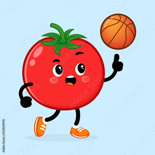 Playful Tomato character dribbling basketball, smiling and moving energetically across sports-themed backdrop