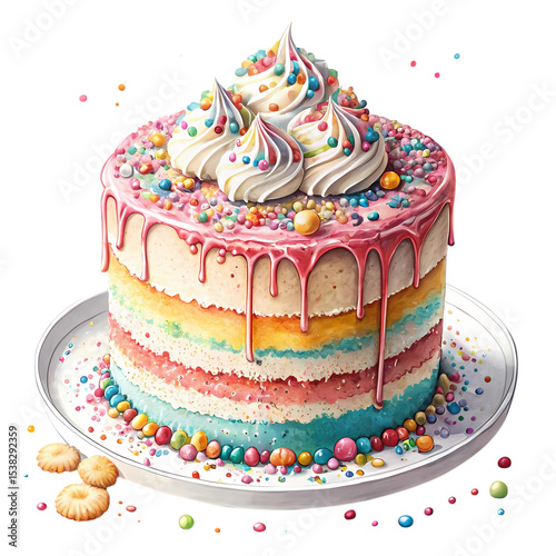 Rainbow Cake: Delicious Multicolored Layers, Whipped Cream, Sprinkles, Birthday Treat, Festive Dessert, Culinary Delight, Bakery Product