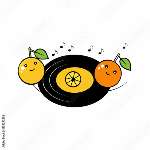 Oranges and lemons spinning on a vinyl record 