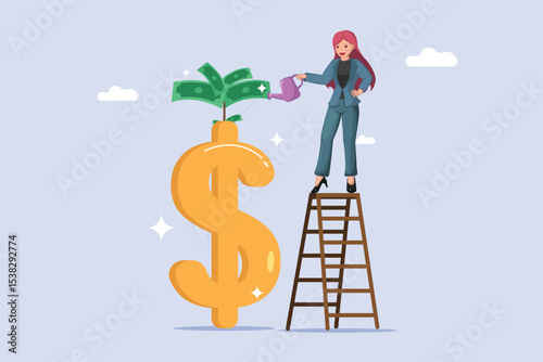 Businesswoman on a Ladder Watering a Growing Money Plant with a Dollar Sign, Symbolizing Strategic Investment, Financial Growth, and Wealth Cultivation.