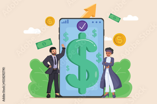 Successful Investors Celebrating Profit and Financial Gains from Smart Digital Investments, Displayed on a Large Smartphone Screen with a Dollar Sign and Upward Trend.
