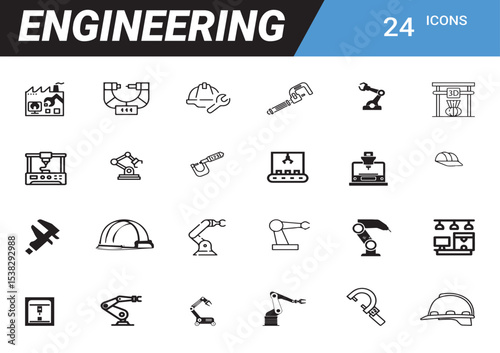 Engineering Icons: A comprehensive collection of detailed vector icons representing the multifaceted world of engineering and industry. perfect for illustrating concepts related to construction.