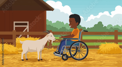 Young black child in wheelchair interacting with goat at a farm  