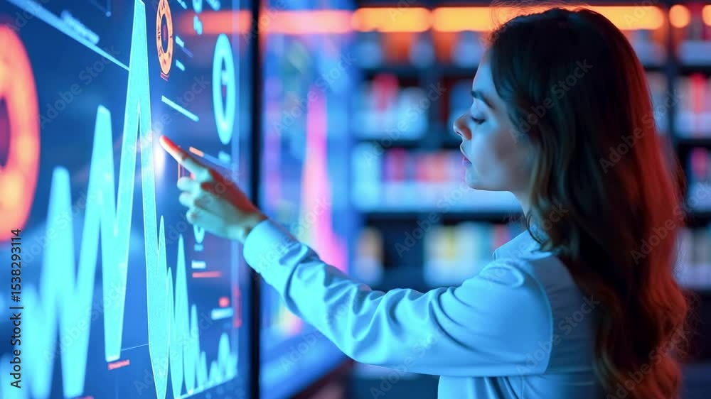 Young woman analyzing data on a digital screen in a modern office with colorful lighting effects