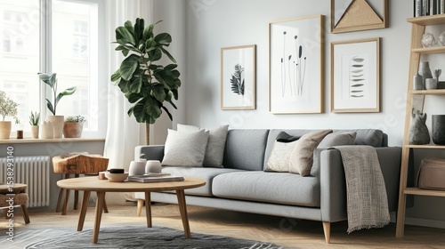 Scandinavian living room with grey sofa, wooden table, decor, and personal accessories.