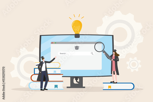 Education concept. Students search study research using internet technology for approach knowledge. University diploma E-learning course. Online learning graduation certification illustration vector.
