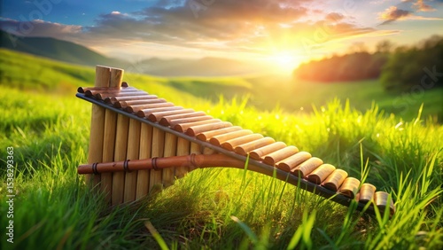 A gentle breeze stirs the blades of grass as a wooden pan flute lies abandoned on the green carpet