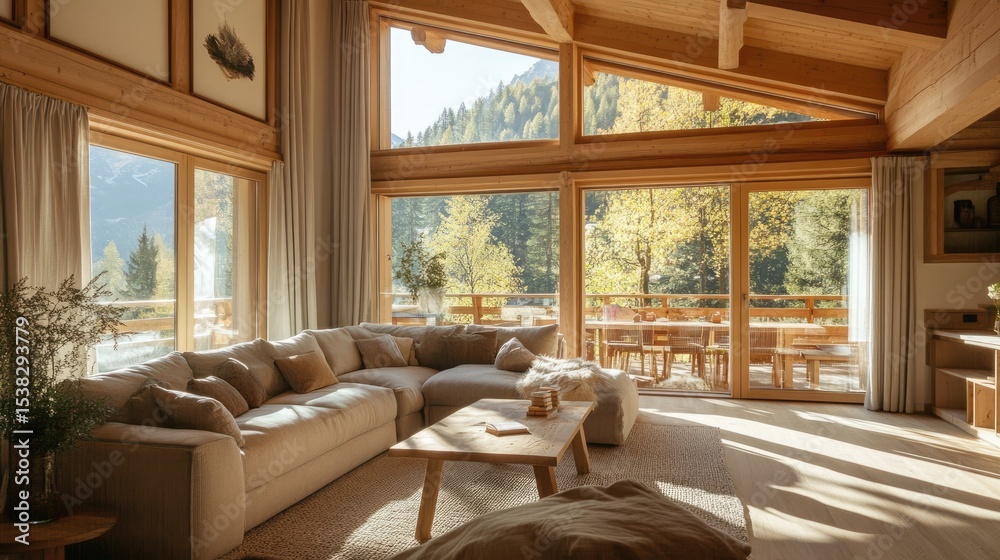 Fototapeta premium Stylish living area with large windows, sofa, cozy chalet ambiance.