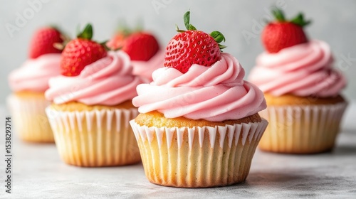 Strawberry yogurt cupcakes on a plain backdrop.