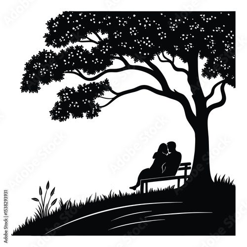 A silhouette illustration of a couple on a park bench, enjoying the love and happiness of nature with their child under a blossoming tree