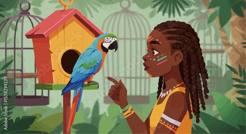 Young girl interacting with colorful macaw parrot in tropical setting  