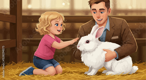 Young girl petting a white rabbit with adult man in barn setting  