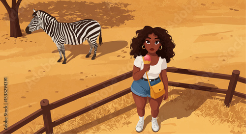 Young black girl enjoying ice cream at the zoo with zebra background  