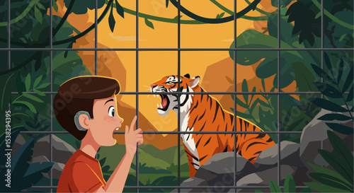 Little boy watching tiger in zoo behind bars at sunset  