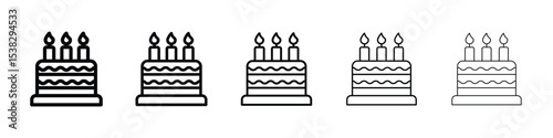 Cake birthday icons in black stroke designs on white background