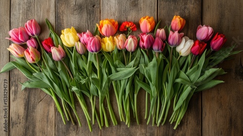 Tulip-themed Mother's Day arrangement on wood background