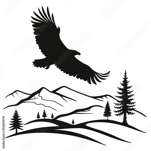 Flying eagle vector silhouette illustration of a wild bird with outstretched wings