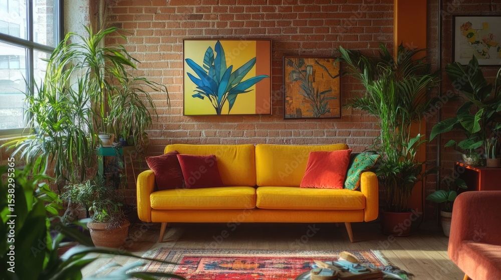 Obraz premium Vibrant living space with seating, plant decor