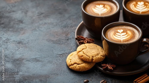 View of snickerdoodle cookies with coffee cups; space for text