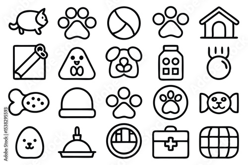 A collection of playful minimalist line art icons representing pet supplies and animal care essentials for design projects