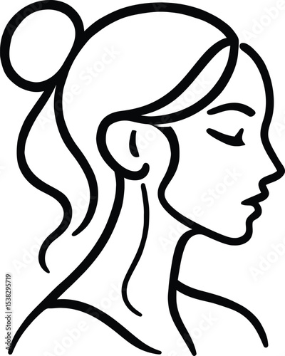 Elegant Line Art Illustration of a Woman's Profile with Hair in a Bun