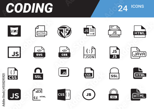 Coding Icons: A minimalist design featuring a diverse set of coding icons. Ideal for web design, software development, or educational content. 