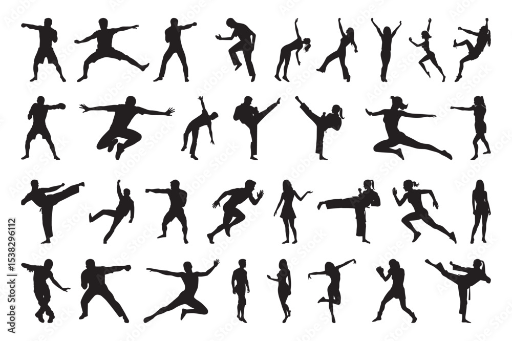 Dynamic Human Movement Silhouette Vector Icons Set – Black and White People Activity Poses Dynamic Human Movement Silhouette Vector Icons Set – Black and White People Activity Poses