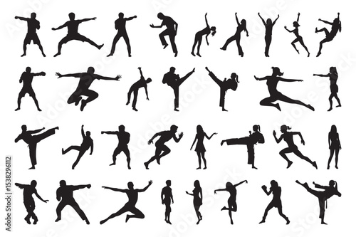 Dynamic Human Movement Silhouette Vector Icons Set – Black and White People Activity Poses