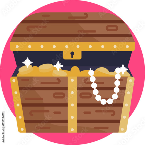 Wooden treasure chest filled with gold coins and jewels.