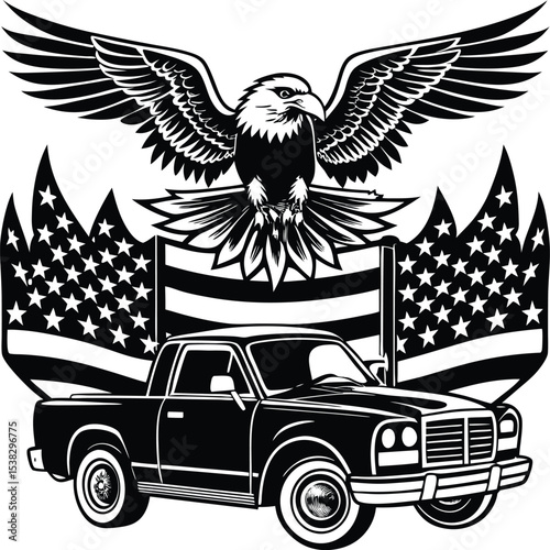 American Eagle Soaring Above Classic Pickup Truck Patriotism and Freedom Illustration