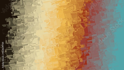 A bold gradient of black, beige, gold, orange, red, and teal in a crystalline mosaic—like dusk colliding with dawn, full of emotion and energy.