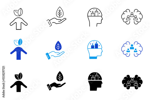 Mental Health solid line icons set. Depression, anxiety, stress, mental care, empathy, bipolar, psychology, panic, mind, healthy lifestyle and mental balance icons. Vector editable illustration