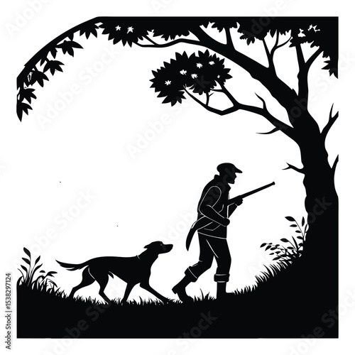 Black vector silhouettes of people walking with their dogs in a park