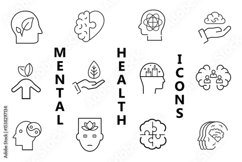 Mental Health line cons set. Depression, anxiety, stress, mental care, empathy, bipolar, psychology, panic, mind disorder, healthy lifestyle and mental balance icons. Vector editable illustration