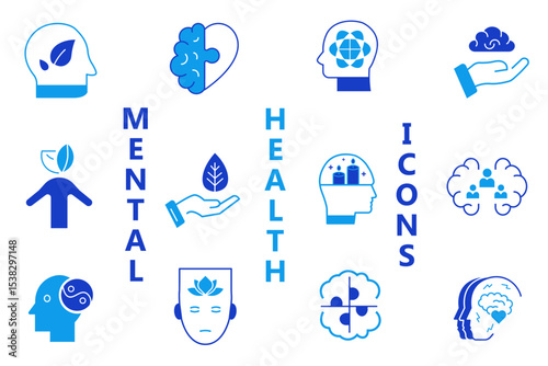 Mental Health solid cons set. Depression, anxiety, stress, mental care, empathy, bipolar, psychology, panic, mind disorder, healthy lifestyle and mental balance icons. Vector editable illustration