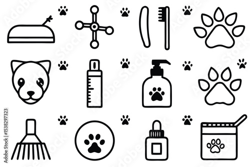 A monochrome collection of icons depicting pet care supplies and a cute pet face for design and veterinary use