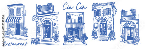Vintage style European bistro, bar and café storefront sketches