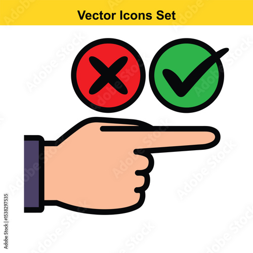 Hand pointing to check mark and cross icon