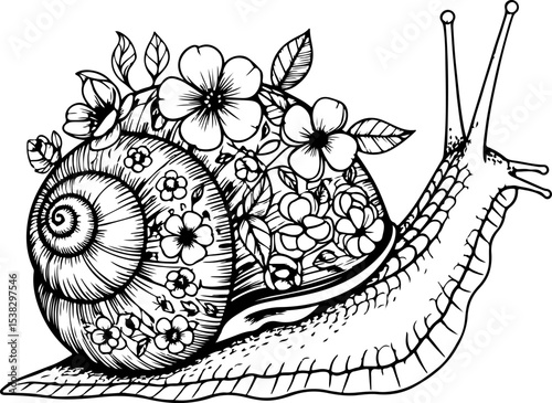 Ornate Snail Shell Adorned with Flowers A Detailed Line Art Illustration