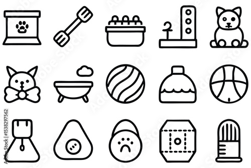 A collection of vector line art icons showcasing pet supplies toys and accessories and other fun items.