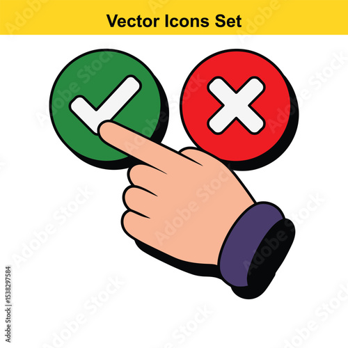 Hand selecting green checkmark and red cross buttons