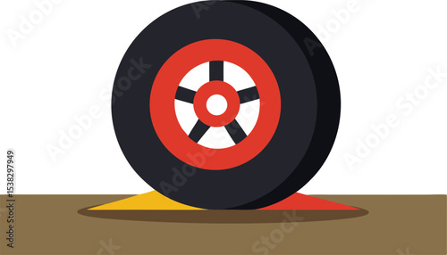 Flat tire close-up on road, damaged vehicle wheel, deflated tire repair, car maintenance, roadside assistance, tire puncture, vehicle problem, auto repair, transportation issue, emergency tire fix.