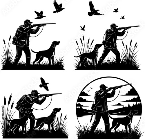 Hunter and Dog Silhouettes Bird Hunting Scenes, Wildlife Art Prints