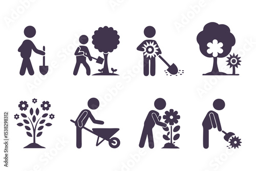 Silhouettes of people gardening. vector set of men and women planting, watering, digging, and taking care of plants and flowers.
