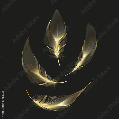 Set of different falling fluffy twirled feathers on a white background