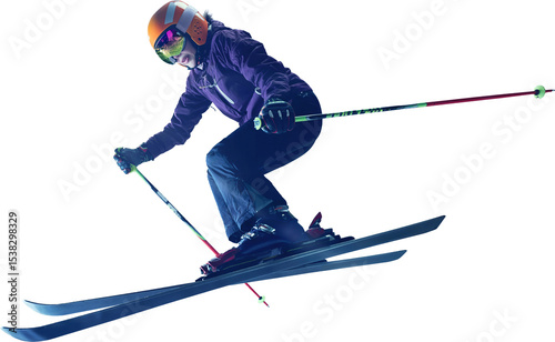 Obraz na płótnie Female alpine skier wearing orange helmet and goggles performs jump with bent knees holding ski poles in dynamic flying position