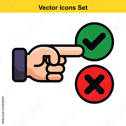 Hand pointing to green check mark and red cross icon