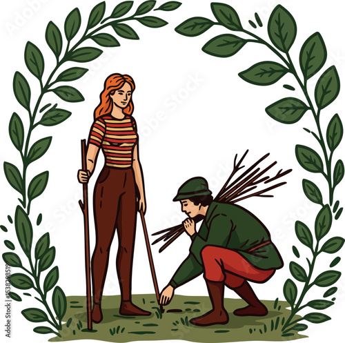 Man and woman gathering firewood surrounded by leafy green branches vector illustration 