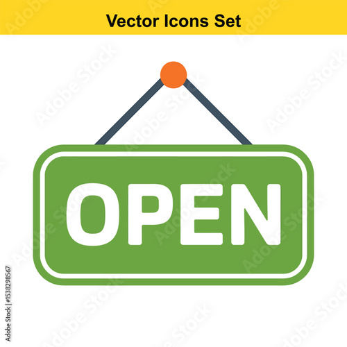Green open sign vector icon for business